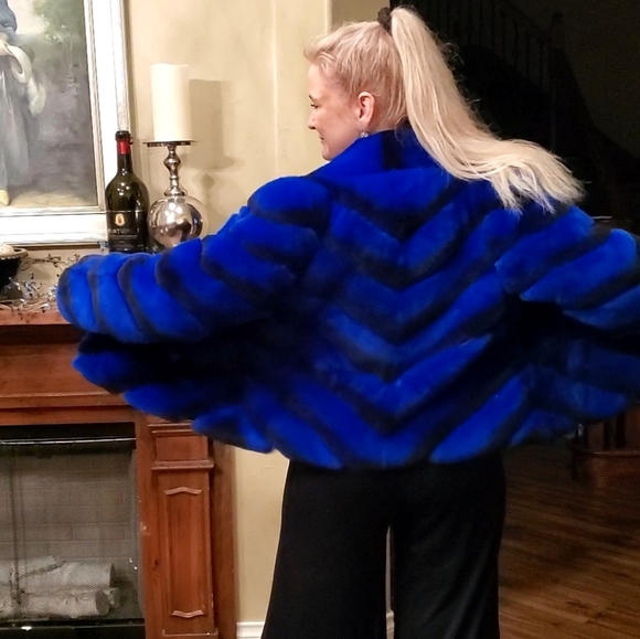 NWT Brilliant Sapphire Blue & Black Rex Chinchilla Fur Coat L/XL - Picture 7 of 17